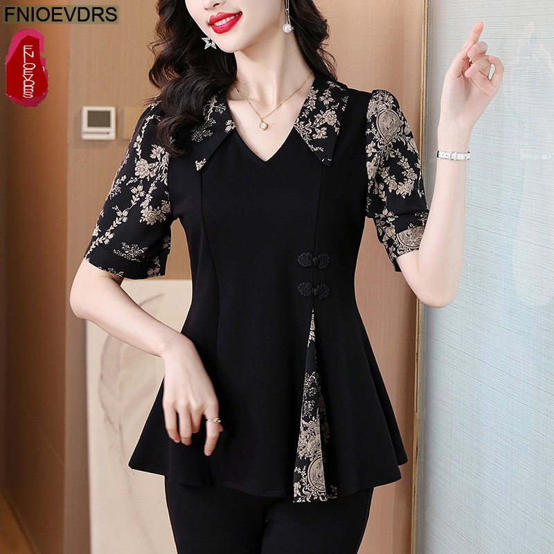 Romper Floral Print - 2025年夏 レトロボタン付きトップス 半袖 レディース チュニック 花柄プリント