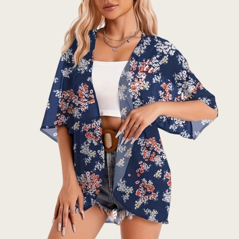 Kimono Sheer Floral - 水着女性2025着物カーディガンシアー花柄プリントルーズロング着物レディースビーチカバーアップトップスボヘミアンセクシーサマーブラウス