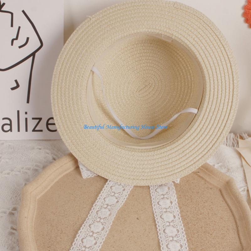 Hat Floppy Wide - E56A 幼児キッズベビー夏編みストローサンハット用レースリボンリボンフロッピーワイドつば日焼け止めビーチキャップあごスト付き