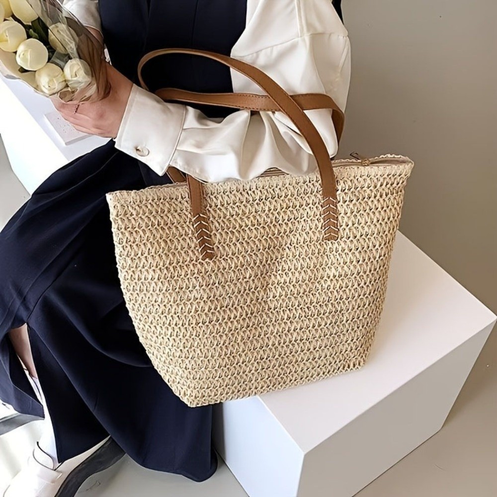 Tote Bag Beach - ファッションソリッドカラー織りストロートートバッグスクエアジッパービーチハンドバッグ大容量織りラフィアショルダーバッグ春