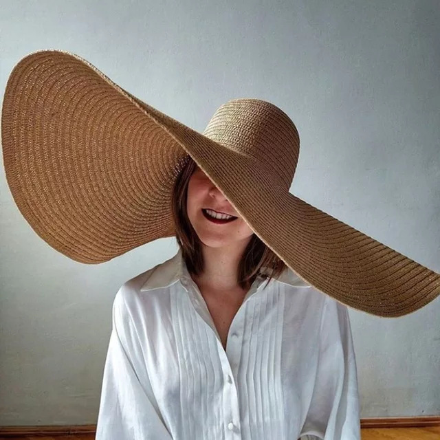 Hat Floppy Wide - 女性用特大ビーチストローハット、フロッピー特大サンバイザーハット、つば広サマーロールアップビッグビーチハット、女性用折りたたみ式