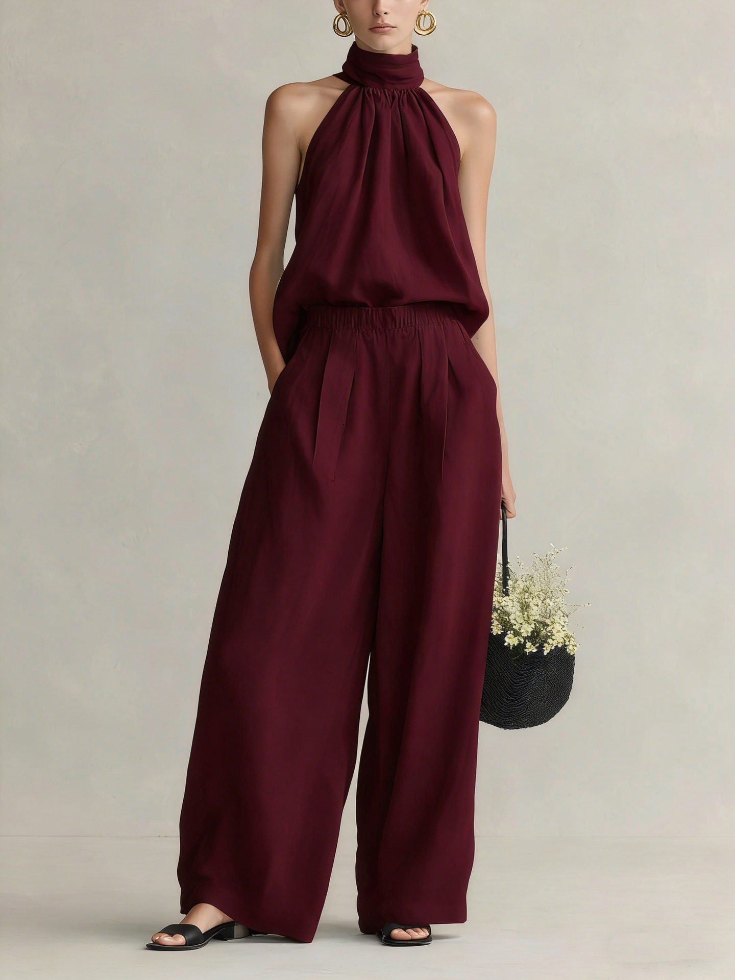 Linen Pant Wide - レディース2026夏新作ノースリーブネックハンギングトップ＋ハイウエストドレープワイドレッグパンツレジャーセット