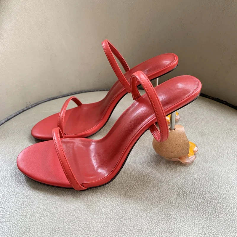 Sandal Strappy Heeled - 夏ストラップサンダルオープントゥハイヒール奇妙なヒール卵デザイナーモダンな靴ミュールスリッパプラスサイズ Schuhe Damen