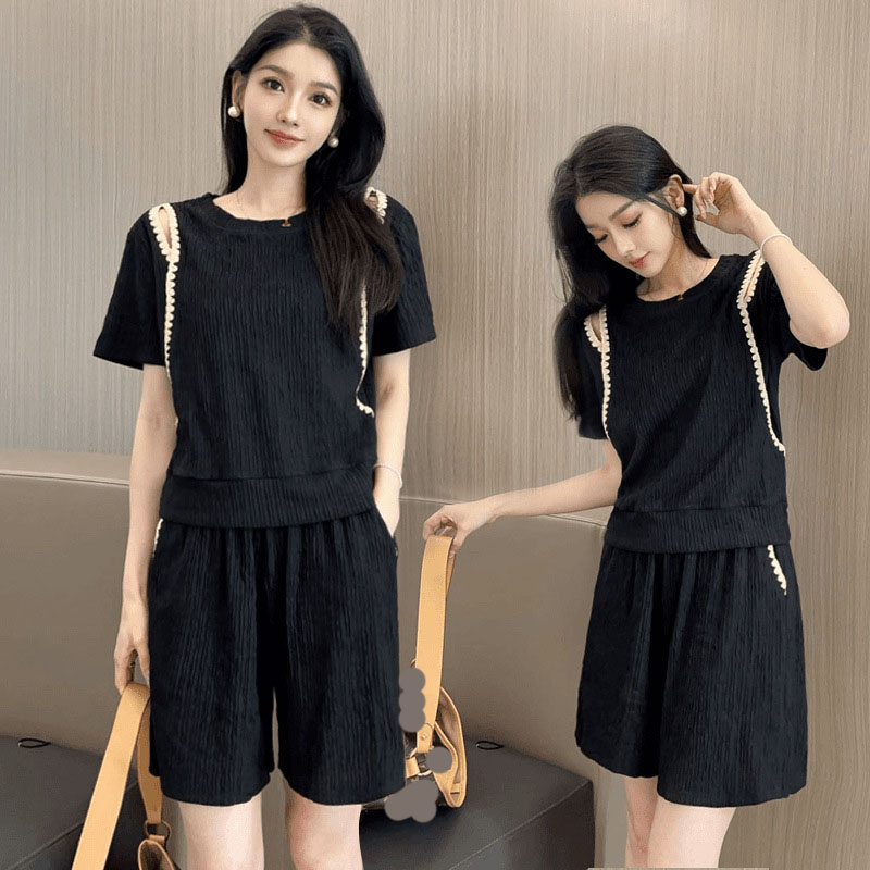 Blouse Off Shoulder - 韓国ファッションオフショルダー Tシャツ 2 点セット女性オールマッチルーズカジュアルショーツ衣装ストリートコントラストパッチワークスーツ