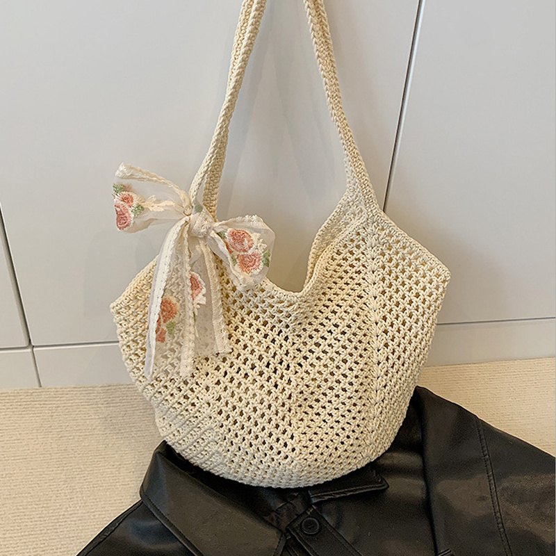 Crochet Bag Raffia - 夏のレースボウトートバッグ レディース ラフィア編み込みショルダーバッグ 2025 ラタン 大きめ