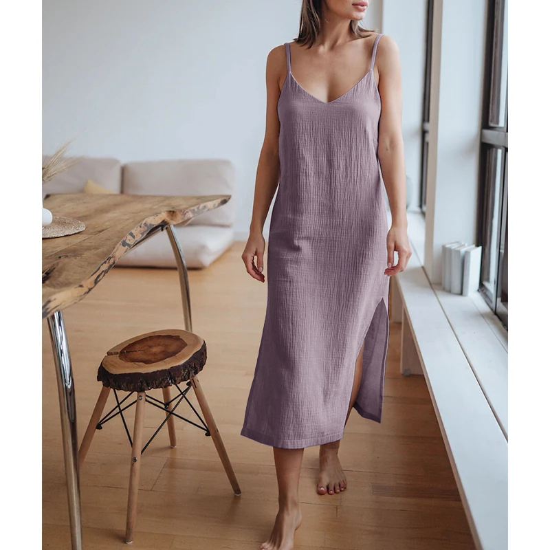 Linen Dress Wrap - モスリン綿 100% ガーゼ女性のドレスセクシーな調節可能なストラップノースリーブオープンサイド Maix ロングドレス夏の快適な衣装