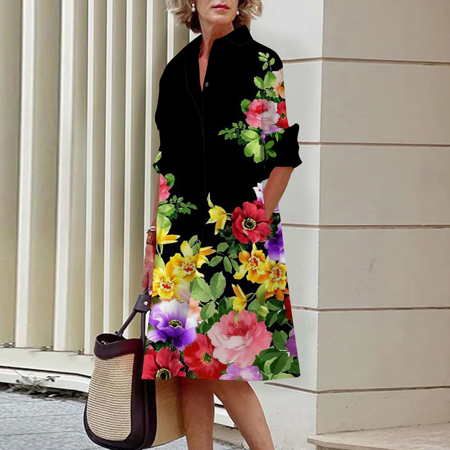 Midi Skirt Floral - 女性の花柄の長袖ミディドレス,ラペル,エレガント,カジュアル,高品質,ストリートファッション,夏