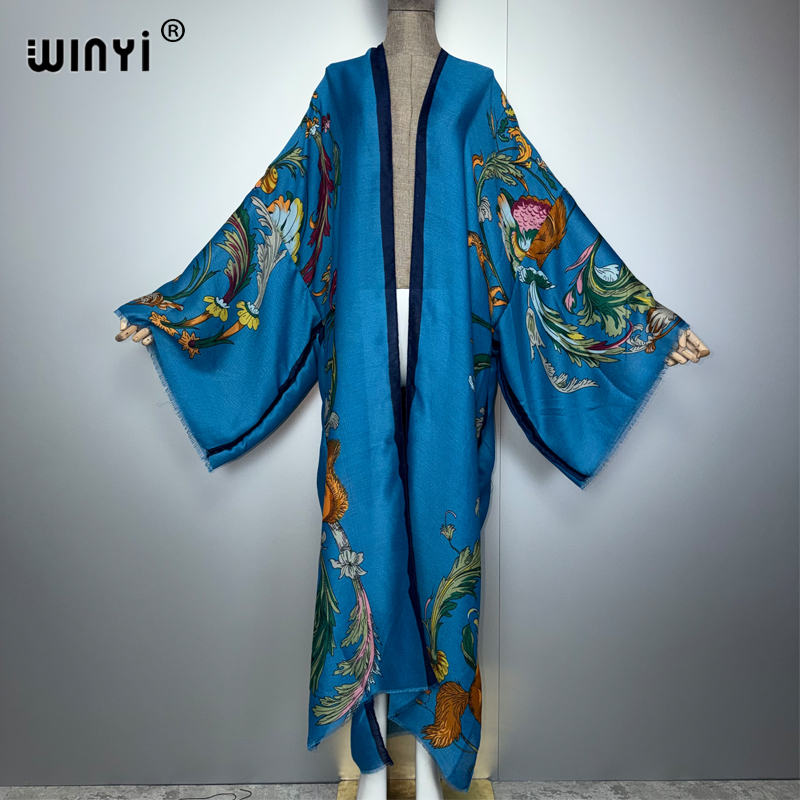 Cover Up Kaftan - WINYI アフリカ風ボヘミアン着物マキシ丈ワンピース ビーチカバーアップ カーディガン マキシ丈コート プリントカフタン