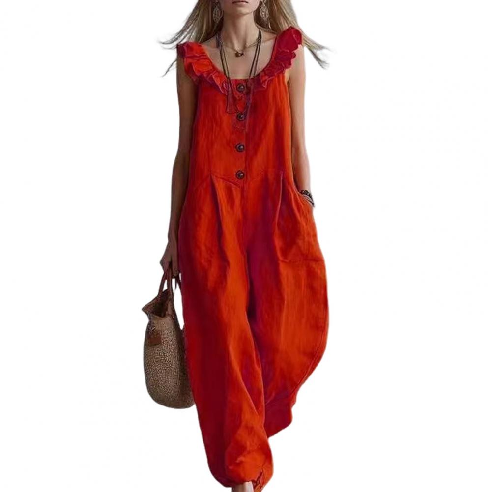 Jumpsuit Linen Relaxed - リラックスフィットロンパース レディース フリル付きクルーネックジャンプスーツ ポケット付き ワイドレッグロンパース 夏