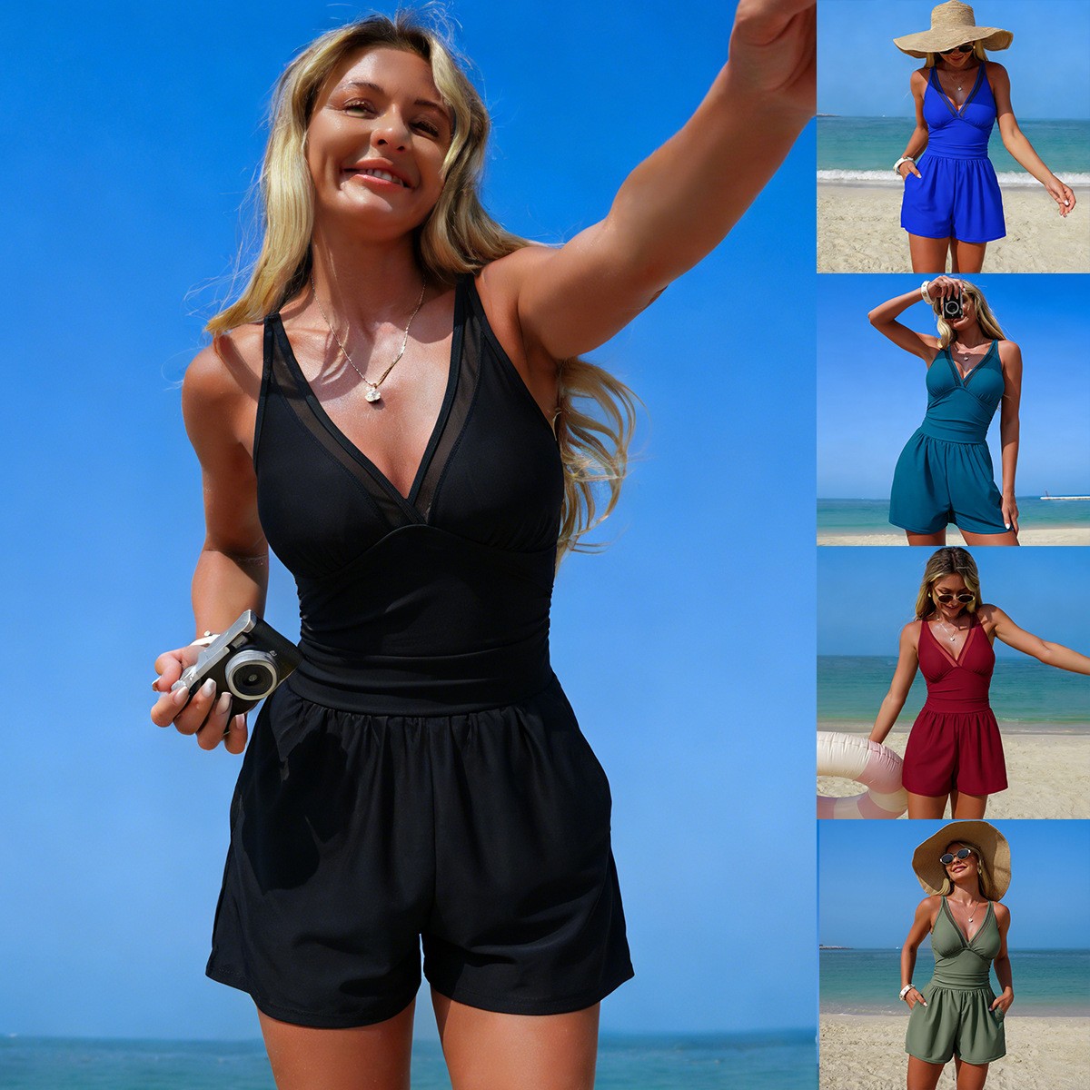 Swimsuit Bikini Ruched - ブラックの無地ノースリーブVネック水着、シアーメッシュパネル付き、ウエストギャザー入り、ハイストレッチ、ホルターネック、ミニ丈水着