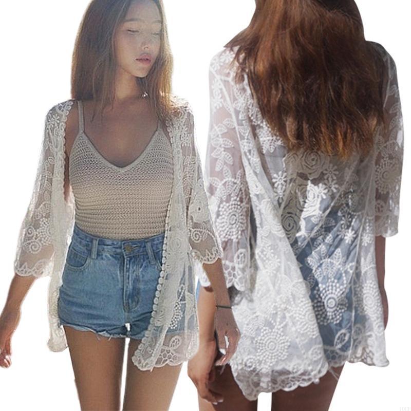 Kimono Sheer Floral - 女性レースオープンフロントガリオカーディガンかぎ針編み花柄のメッシュビーチカバーアップ