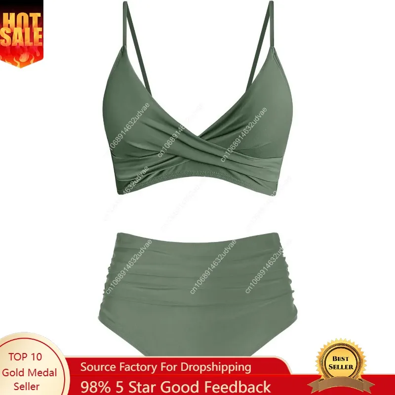 Swimsuit Bikini Ruched - 女性用ハイウエストビキニセット プッシュアップツイストフロント スパゲッティストラップ ルーシュ加工 ツーピース水着
