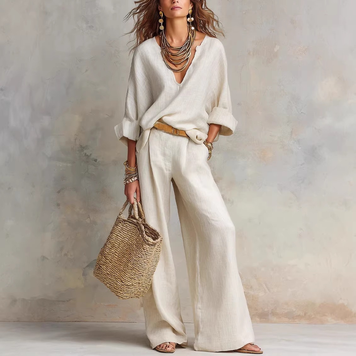 Linen Pant Wide - ヴィンテージ風レディースシンプルカジュアル綿麻Vネックバットウィングスリーブトップスワイドレッグパンツカジュアルルーズな夏の休暇用コーディネート