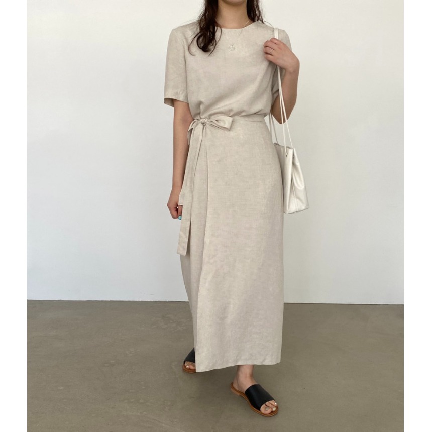 Linen Dress Wrap - エレガントなコットンリネンラップドレス、ベルト付き、半袖、カジュアルサマーファッション、24歳未満の若い女性向け