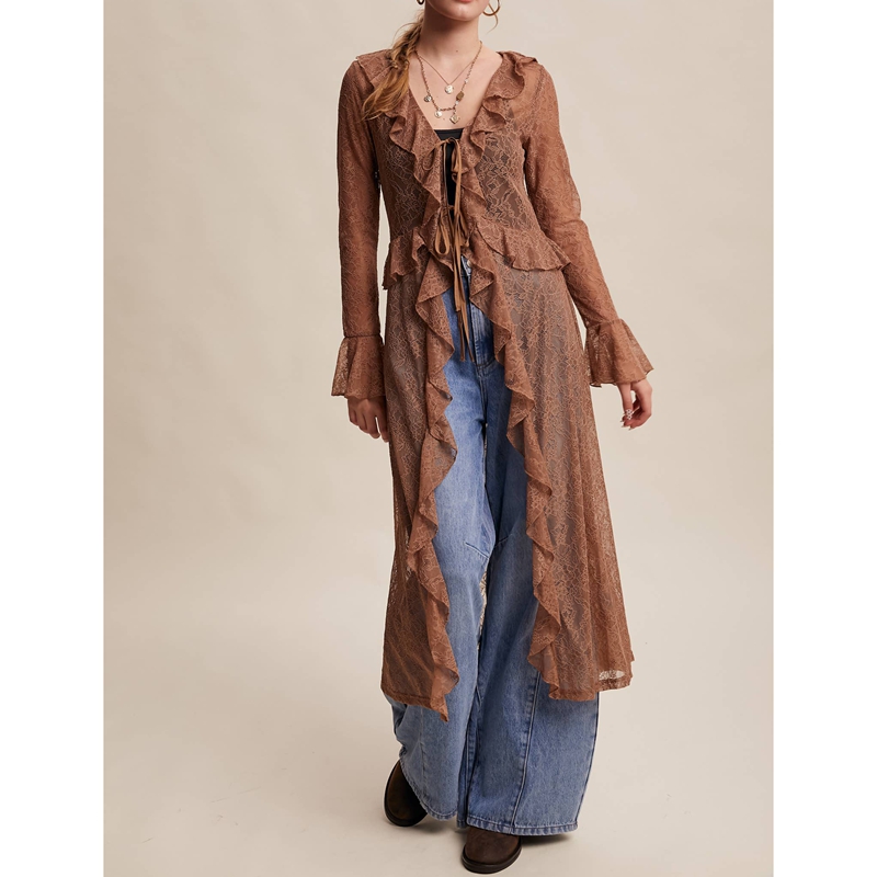Kimono Sheer Floral - レディース花柄レースメッシュタイフロントマキシトップ、フリル付き長袖シースルーカーディガン、透け感のある流れるような着物風コート、カバーアップシャツ
