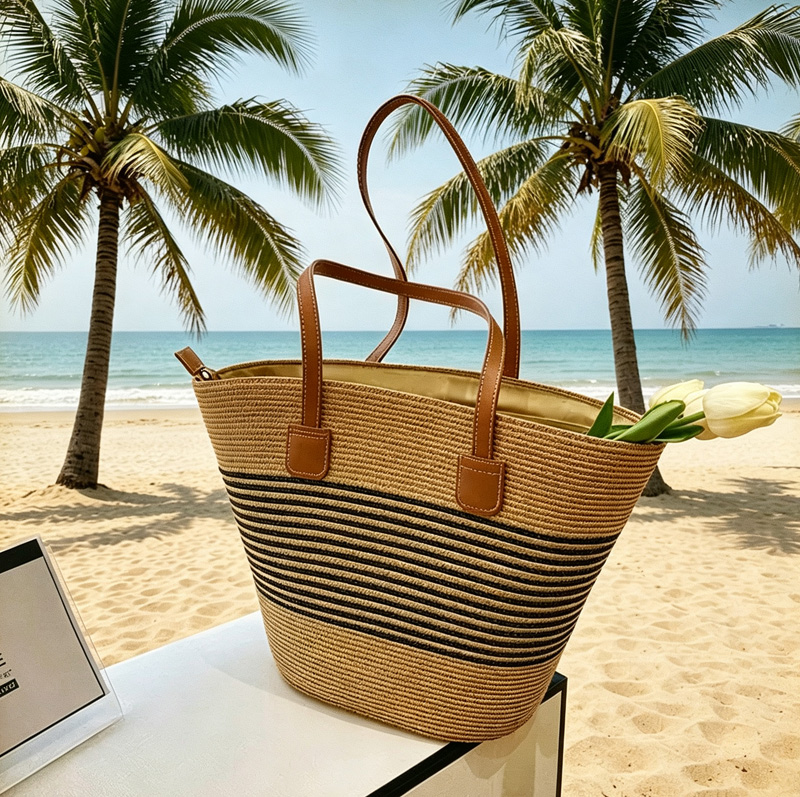 Tote Bag Beach - CLAREGQI レディース ストライプストロートートバッグ、大容量織りビーチバッグ、PUレザーハンドル付きカジュアルショルダーバッグ、サマートラベルバッグ