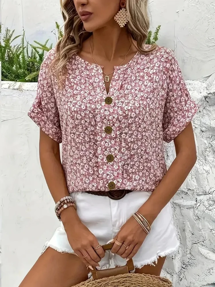 Romper Floral Print - プラスサイズの女性のシャツ 2025 春夏の新ファッションカジュアル花柄 V ネック半袖ブラウス韓国スタイルの服