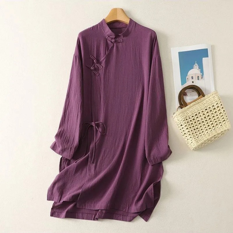 Linen Dress Wrap - 女性の中国風カエルボタンリネンチュニックドレススタンドカラーラップタイ長袖禅スタイルカジュアルトップ