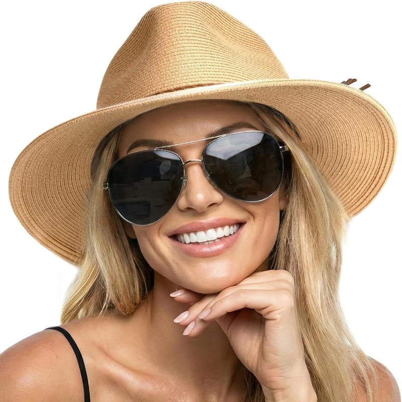 Hat Floppy Wide - 1個入り 夏用麦わらビーチサンハット 女性用 UPF50+ フロッピーワイドブリム トラベルバケット