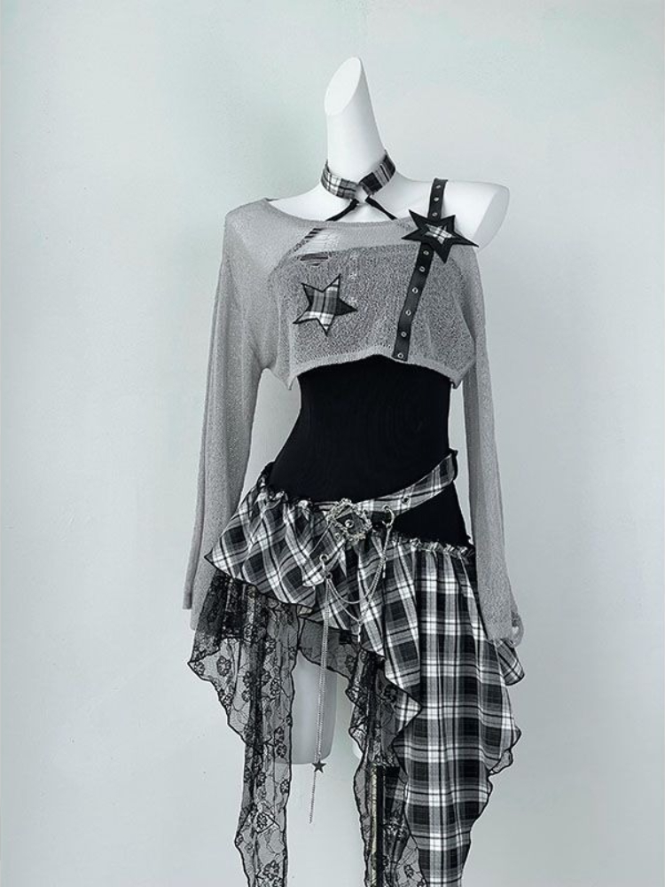 Cover Up Kaftan - 2000 年代 Y2K スパイシーガールデザイン不規則なセットチェック柄スプライシングストラップレスドレスセット女性薄型長袖日焼け止めカバーアップスーツ