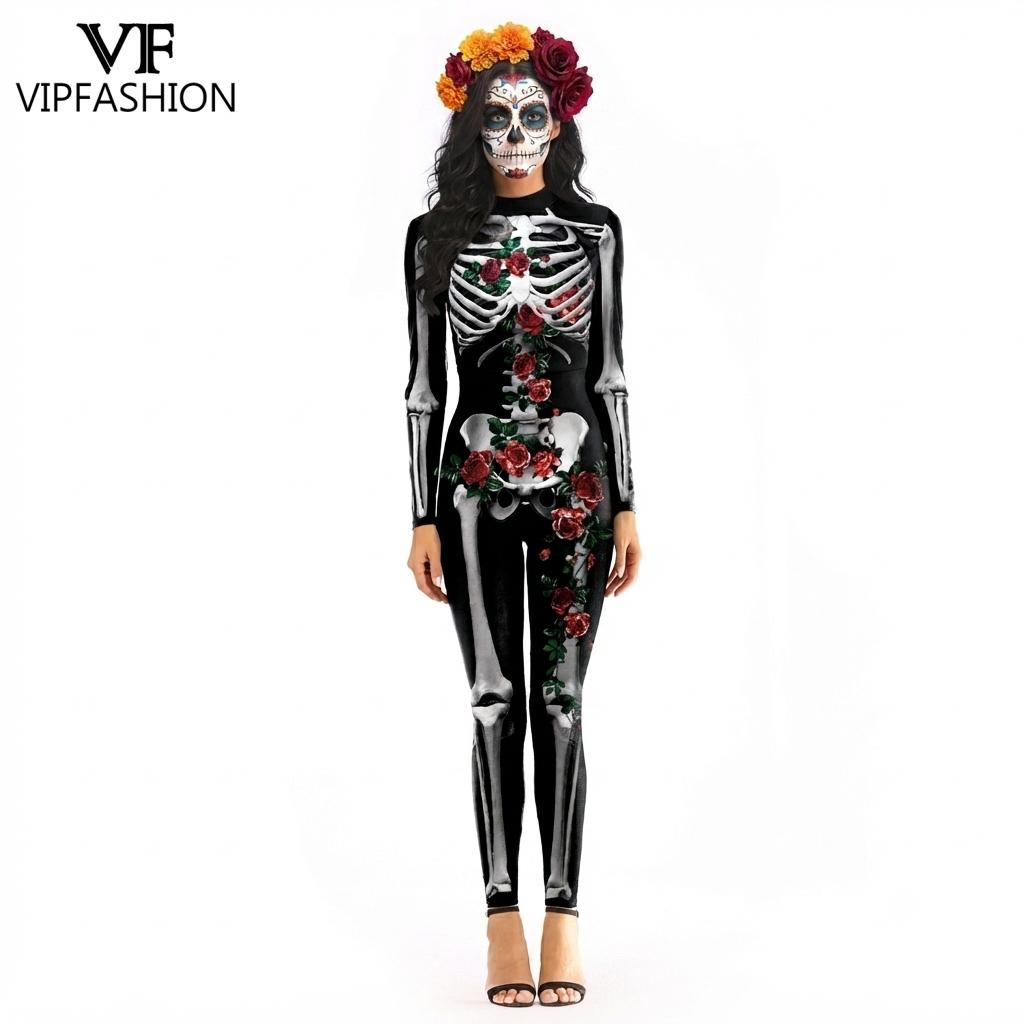 Romper Floral Print - VIP ファッション女性ハロウィン死者の日コスチュームゴールドスケルトン花柄ボディスーツカーニバルパーティーコスプレジャンプスーツ衣装