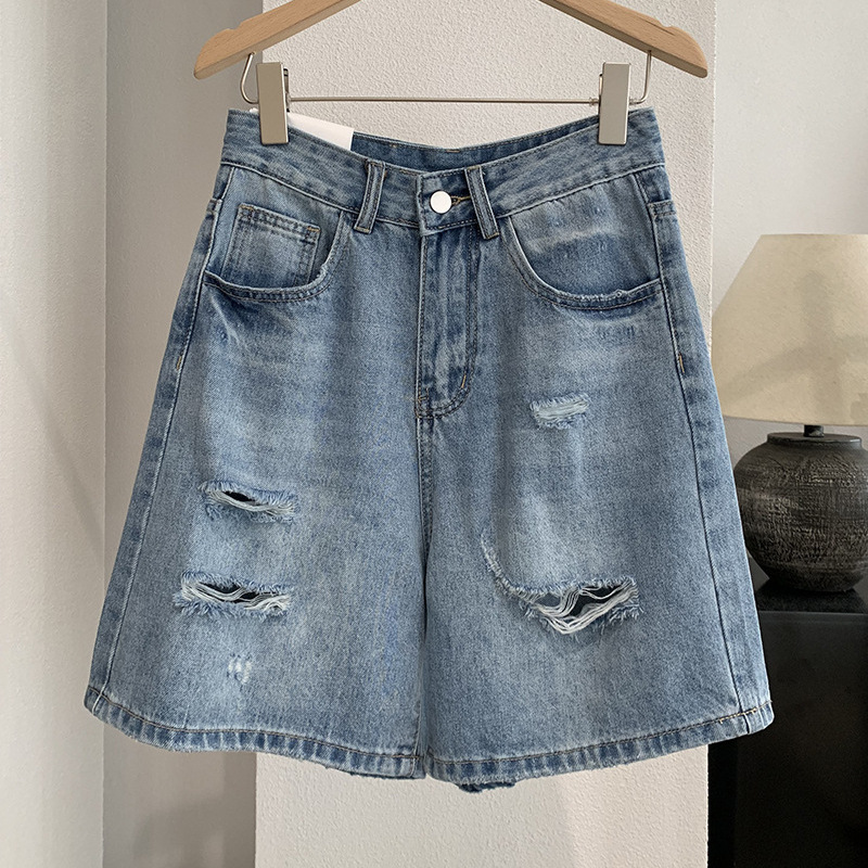 Shorts Denim Frayed - デニムショートパンツ女性ジーンズヴィンテージストレートパンツルーズハイウエストパンツY2kストリートウェア穴あきワークカジュアル夏2026