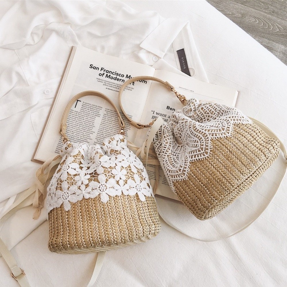Tote Bag Beach - ヴィンテージレースストローショルダーバッグボヘミアンフラワーウィーブトートバッグバケットバッグ大容量ビーチハンドバッグ夏
