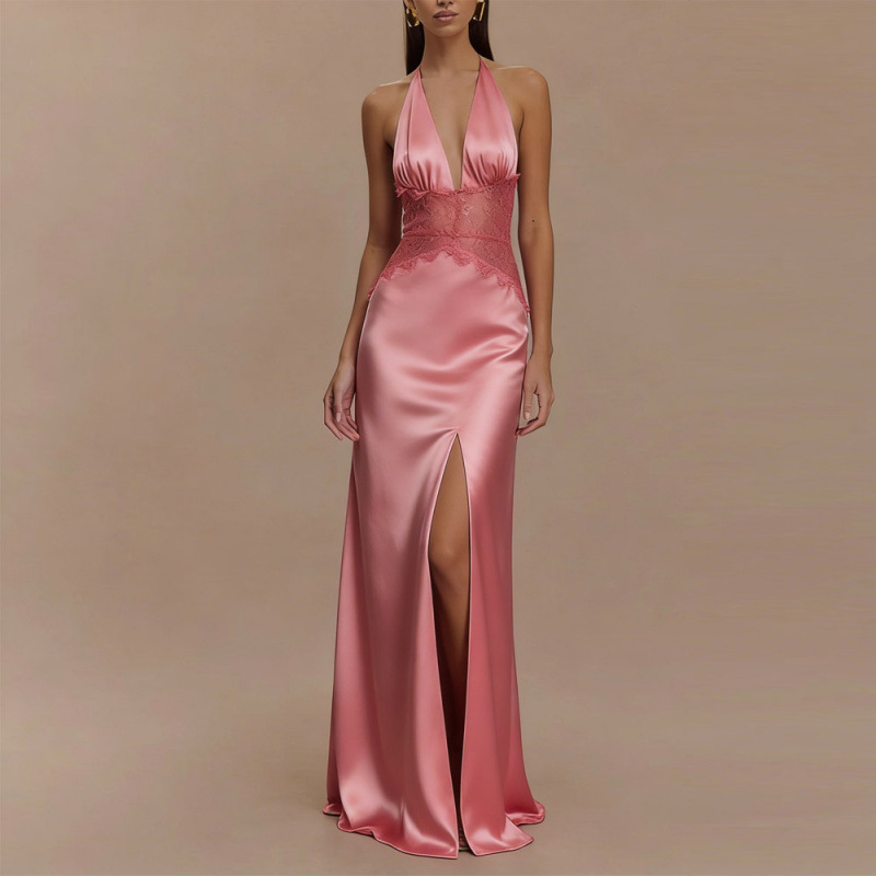 Maxi Dress Halter - セクシーなバックレスホルターマキシドレスピンクサテンレースハイスプリットカクテルパーティーナイトアウト衣装