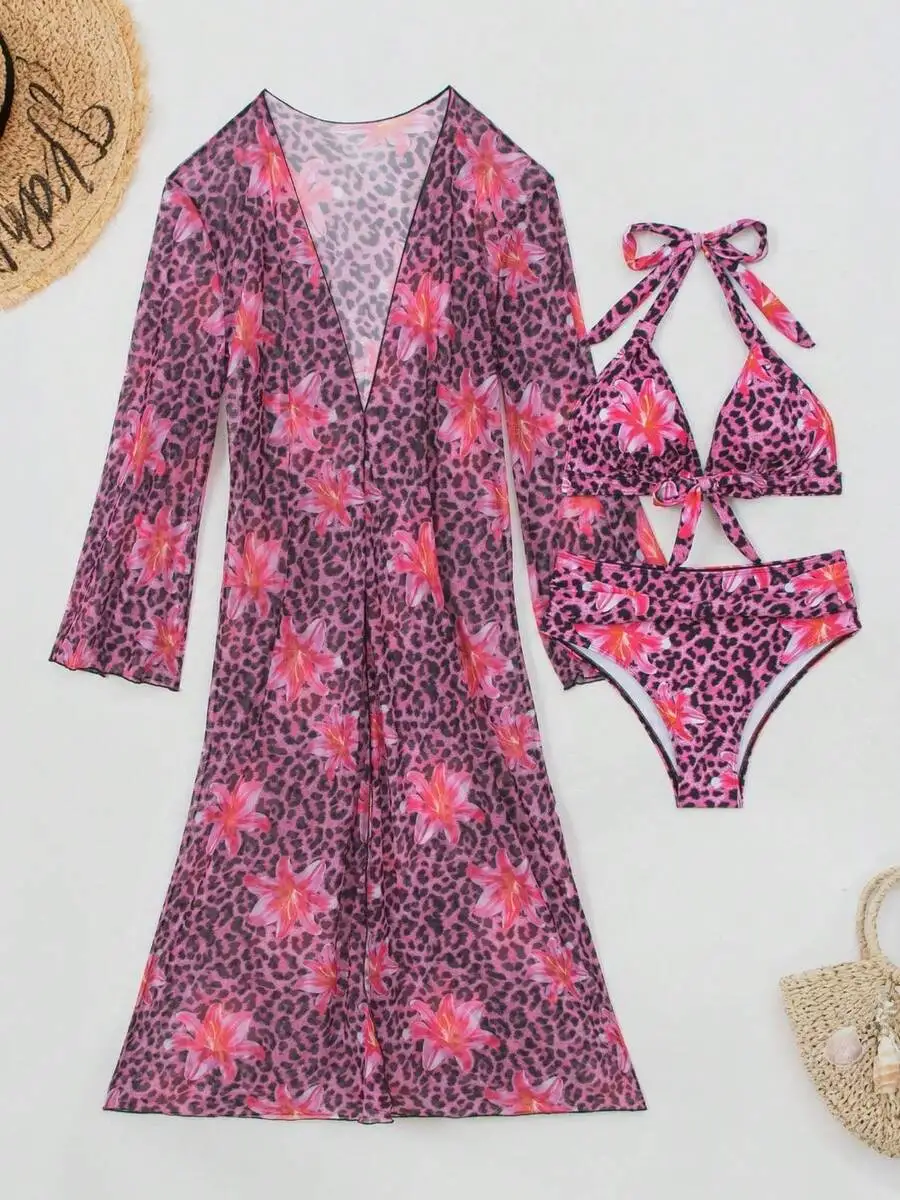 Kimono Sheer Floral - レディース3ピースレオパード柄花柄ビキニセット、長袖シースルーキモノカバーアップ付き
