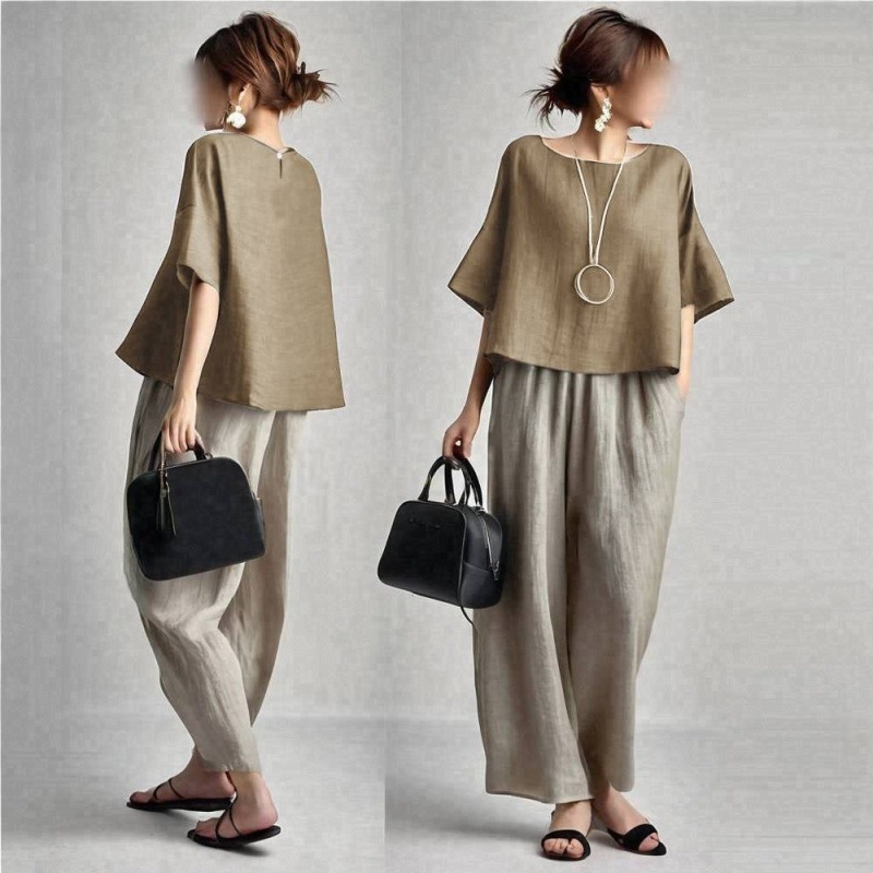 Linen Pant Wide - ツーピース レディース パンツセット 無地 マッチングセット 半袖