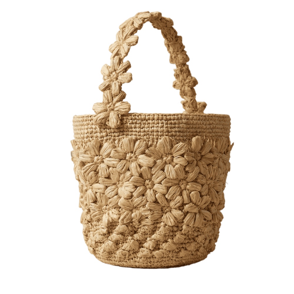 Crochet Bag Raffia - 女性用サマーラフィア織りバケットバッグ 手作りクロシェフラワーストローハンドバッグ フレンチスタイルトート