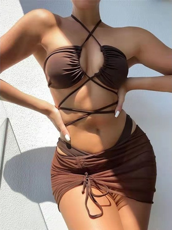 Swimsuit Bikini Ruched - レディースハイウエストスプリットビキニ 2026年新作 トレンドセクシー水着 無地ビーチウェア 夏休みファッション水着