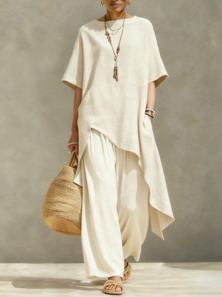 レディース綿麻パンツセットアップ 2ピース カジュアル半袖無 - Linen Pant Wide のレビューと価格