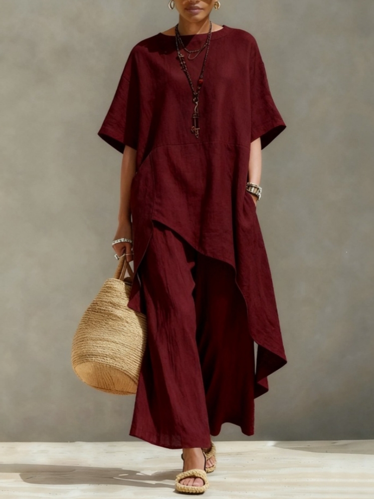 レディース綿麻パンツセットアップ 2ピース カジュアル半袖無 - Linen Pant Wide のレビューと価格
