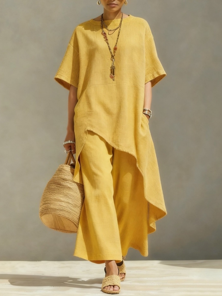 レディース綿麻パンツセットアップ 2ピース カジュアル半袖無 - Linen Pant Wide のレビューと価格