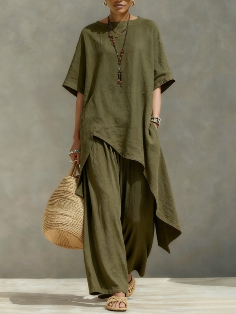レディース綿麻パンツセットアップ 2ピース カジュアル半袖無 - Linen Pant Wide のレビューと価格