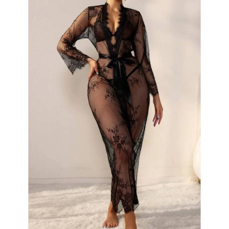 黒のレースの透け感のあるロングローブ、女性用花柄レースメッシ - Kimono Sheer Floral のレビューと価格
