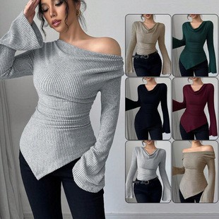 レディースブラウス 長袖 ソリッドカラー 長袖ブラウス リブ - Blouse Off Shoulder のレビューと価格