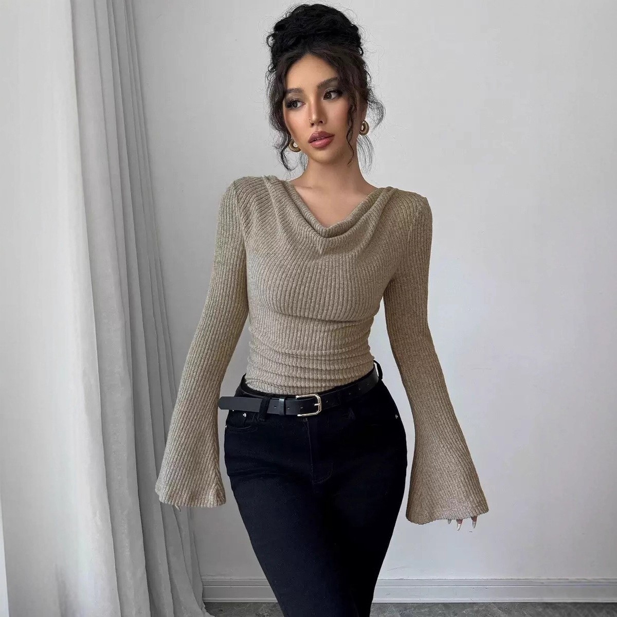 レディースブラウス 長袖 ソリッドカラー 長袖ブラウス リブ - Blouse Off Shoulder のレビューと価格