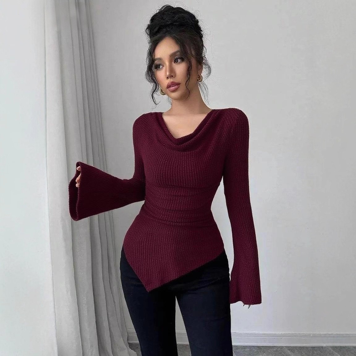 レディースブラウス 長袖 ソリッドカラー 長袖ブラウス リブ - Blouse Off Shoulder のレビューと価格