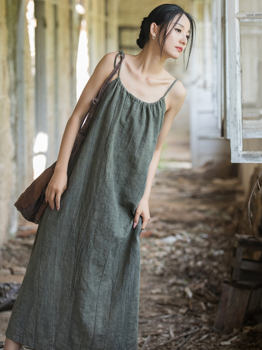 新しい中国風のハイエンド麻ガーゼ女性のラップ染色ルーズレトロ - Linen Dress Wrap のレビューと価格