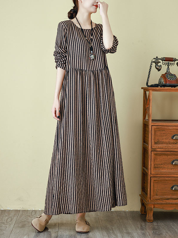 春の新作ラウンドネックロングドレス紫花柄休暇旅行コットンリネ - Linen Dress Wrap のレビューと価格