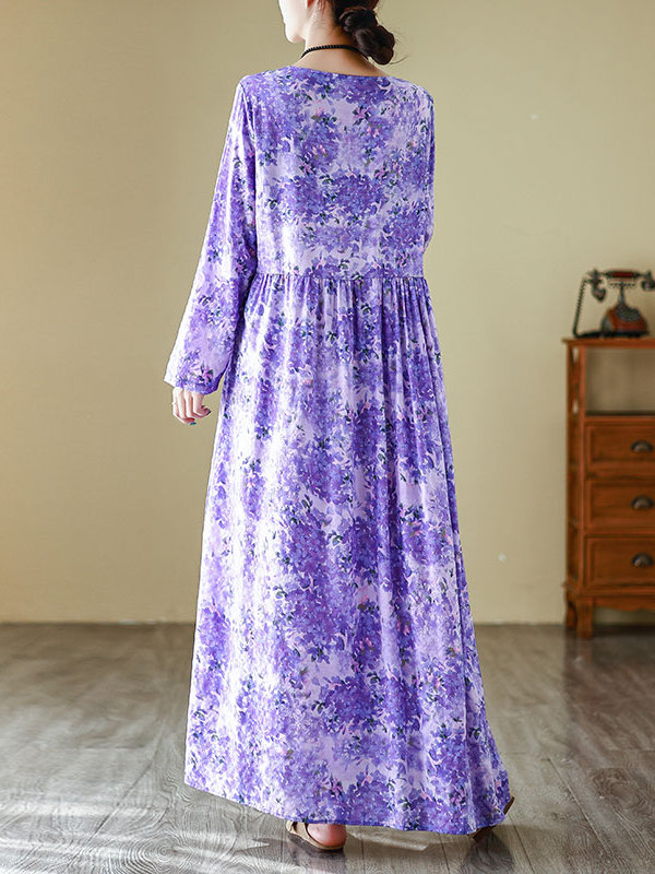 春の新作ラウンドネックロングドレス紫花柄休暇旅行コットンリネ - Linen Dress Wrap のレビューと価格