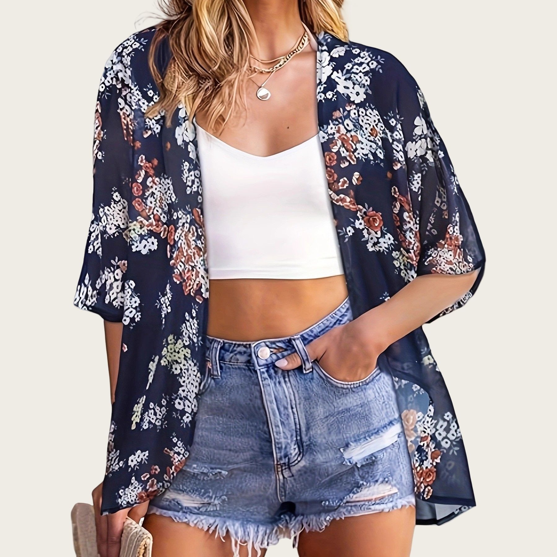 水着女性2025着物カーディガンシアー花柄プリントルーズロン - Kimono Sheer Floral のレビューと価格