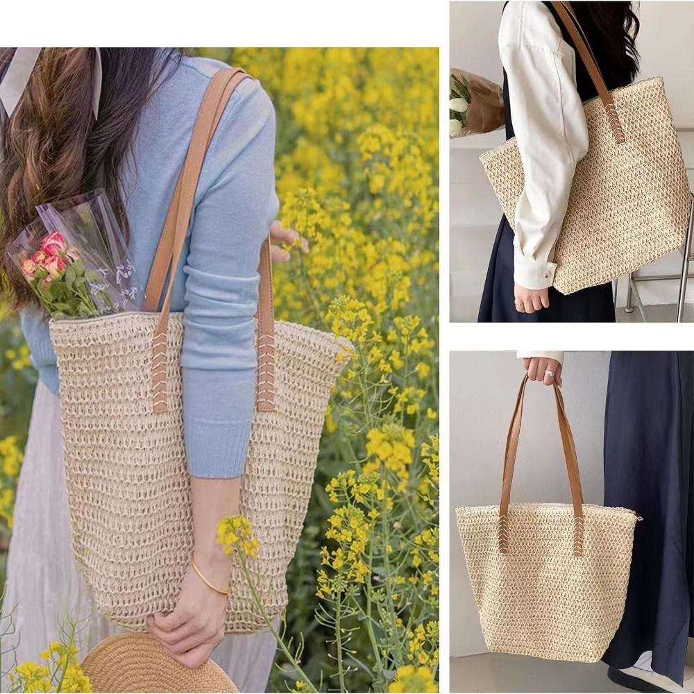 ファッションソリッドカラー織りストロートートバッグスクエアジ - Tote Bag Beach のレビューと価格