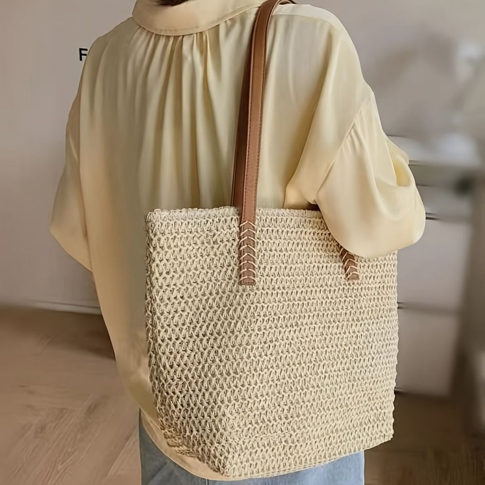 ファッションソリッドカラー織りストロートートバッグスクエアジ - Tote Bag Beach のレビューと価格