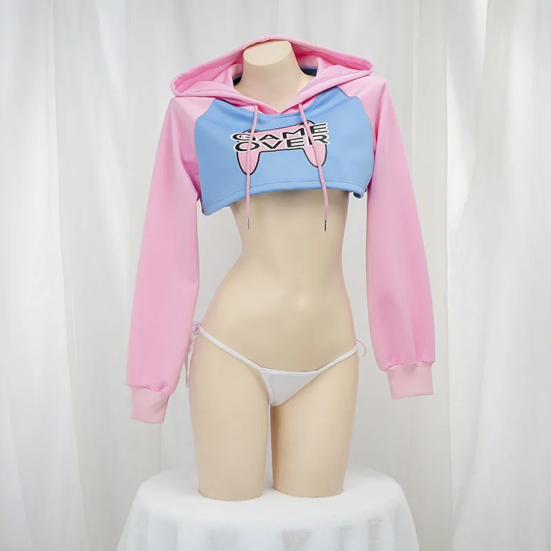 かわいい長袖クロップトップパーカーピンクブルーマッチングスタ - Crop Top Crochet のレビューと価格