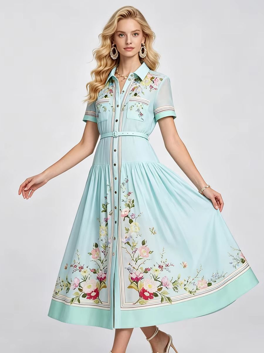 エレガントな花柄プリントサマードレス女性半袖シングルブレスト - Midi Skirt Floral のレビューと価格