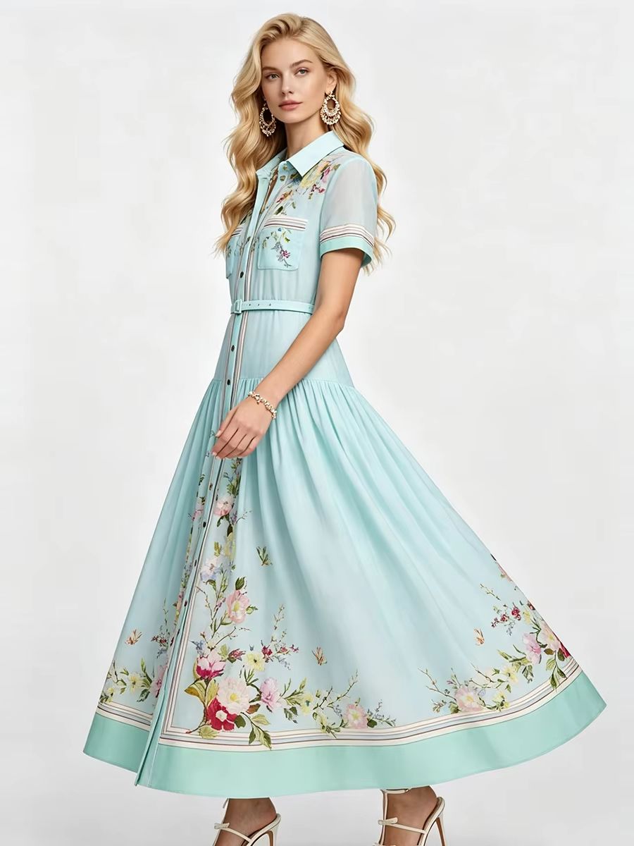 エレガントな花柄プリントサマードレス女性半袖シングルブレスト - Midi Skirt Floral のレビューと価格