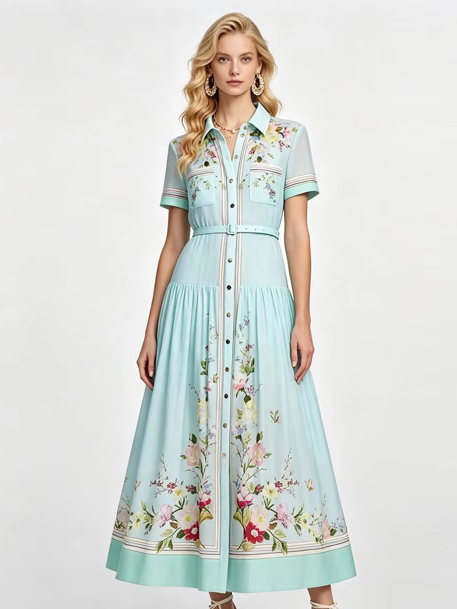 エレガントな花柄プリントサマードレス女性半袖シングルブレスト - Midi Skirt Floral のレビューと価格